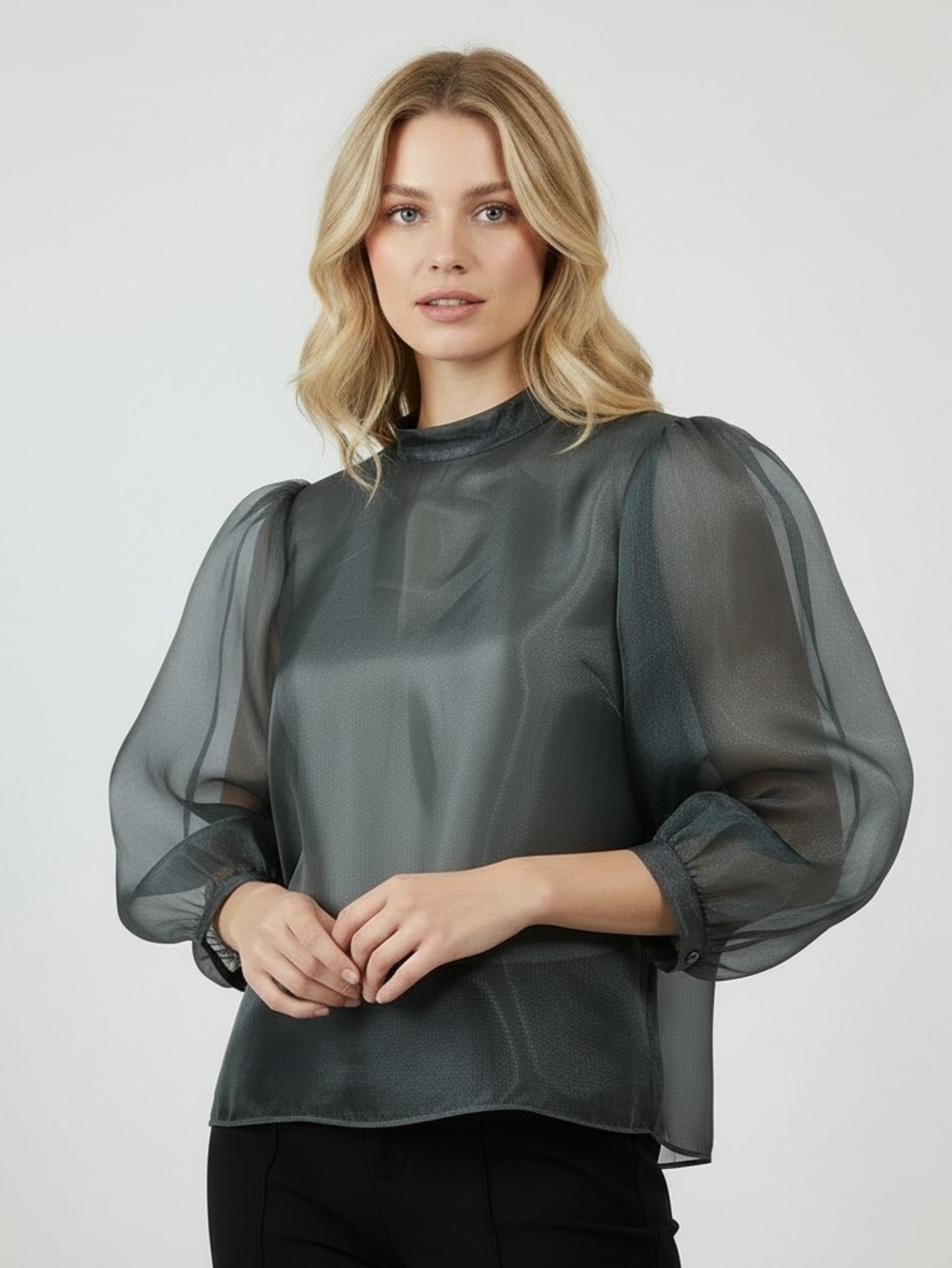 NWT CeCe Sheer Organza Puff Sleeve Blouse Mock Neck Top Dark Green Large